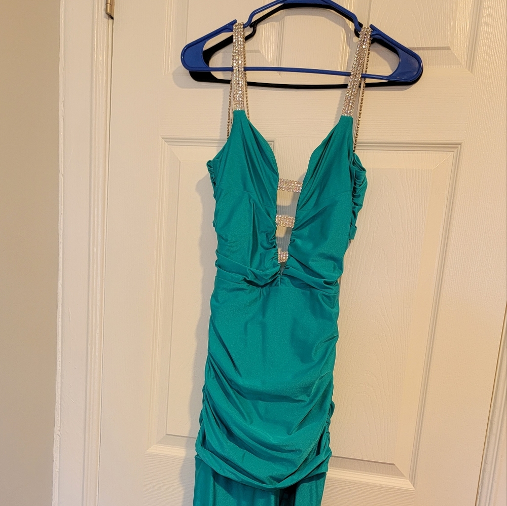 Atria clothing turquoise long dress with rhinestone straps size small